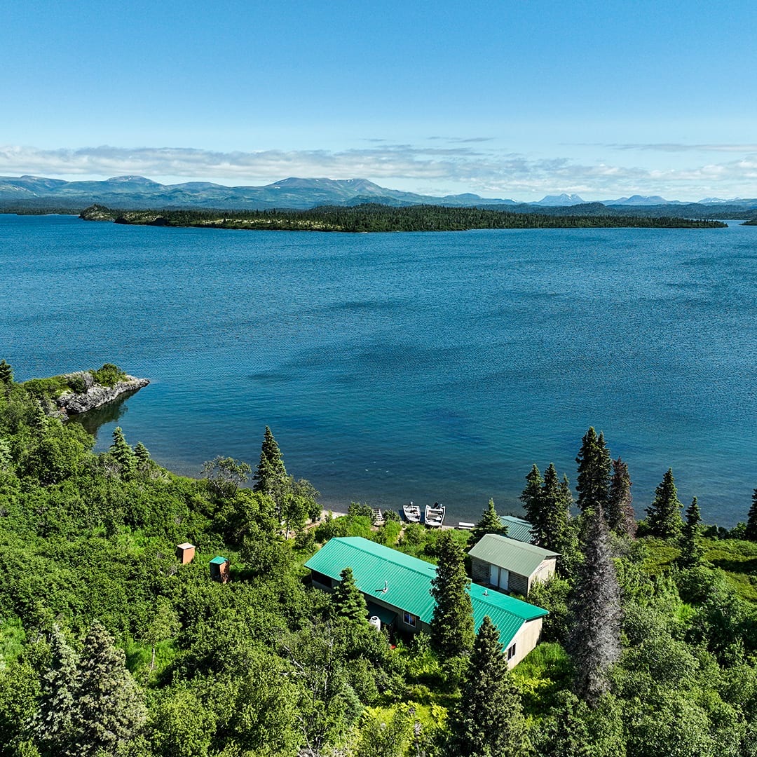 Legend Lodge from above, Lake Iliamna behind
