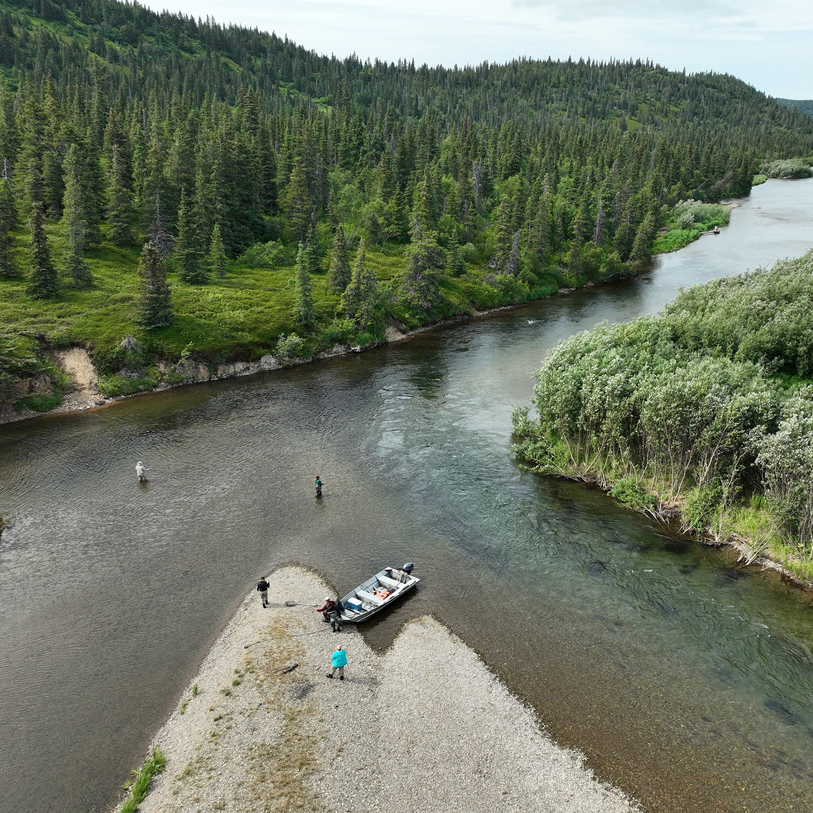 Anglers wading a gravel bar on the Copper River, from the air